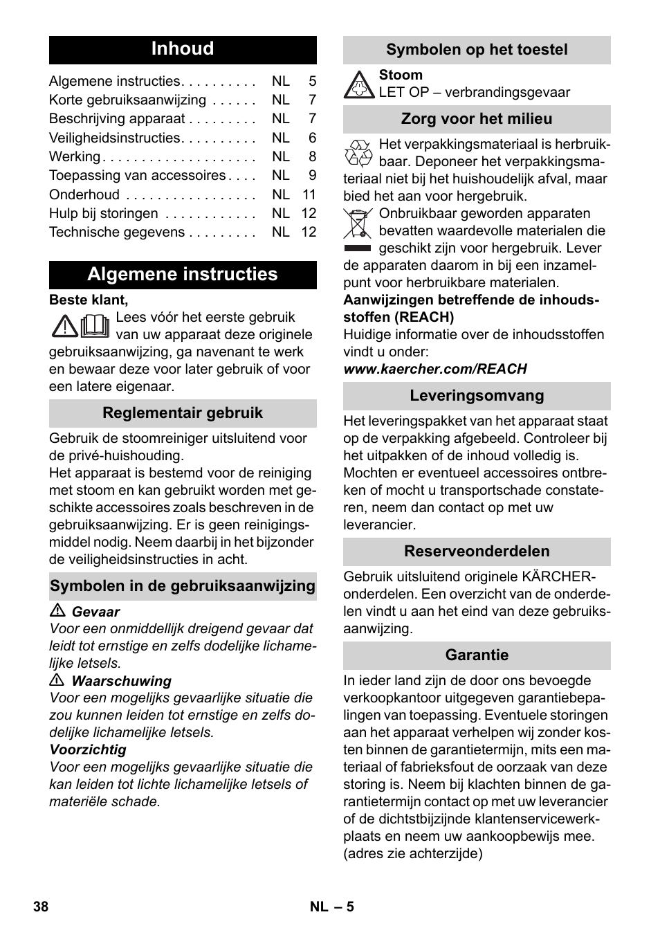 Nederlands, Inhoud, Algemene instructies | Karcher SC 3-000 User Manual | Page 38 / 238