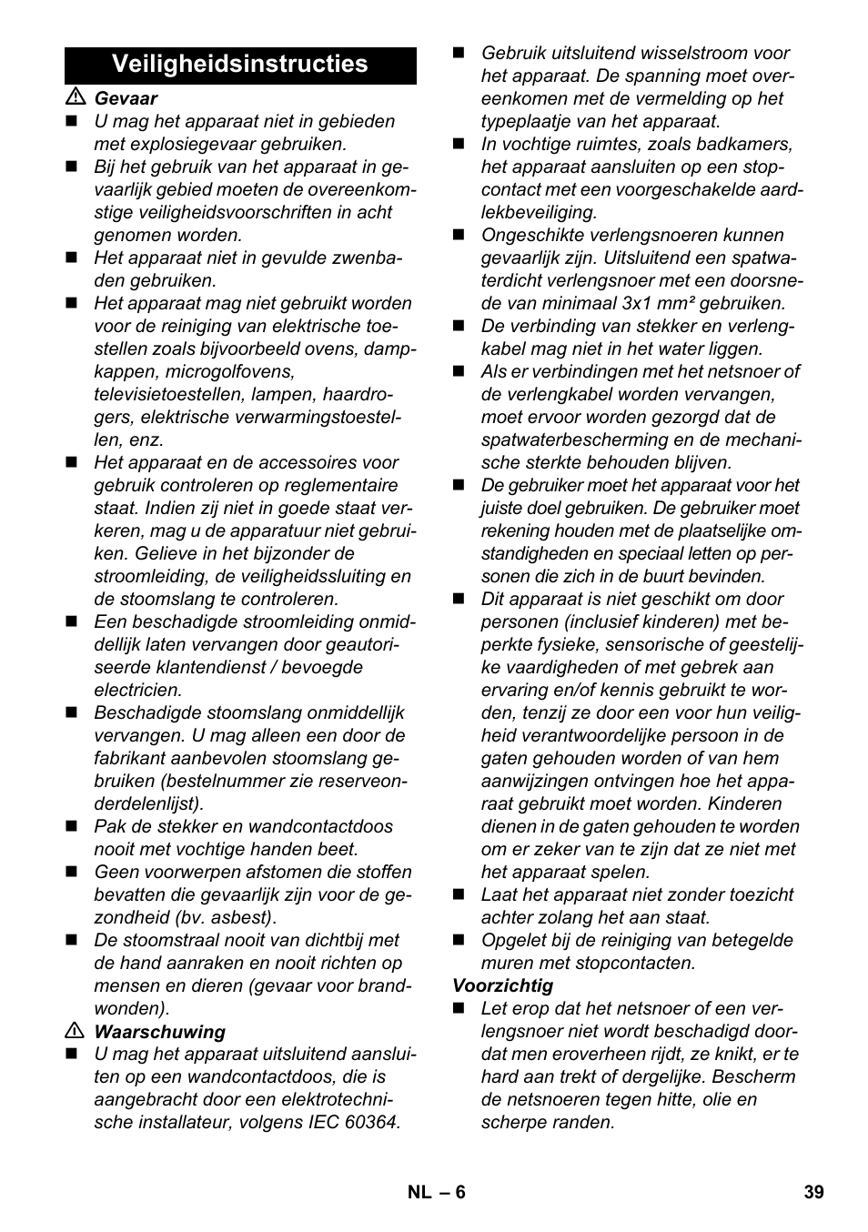 Veiligheidsinstructies | Karcher SC 3-000 User Manual | Page 39 / 238