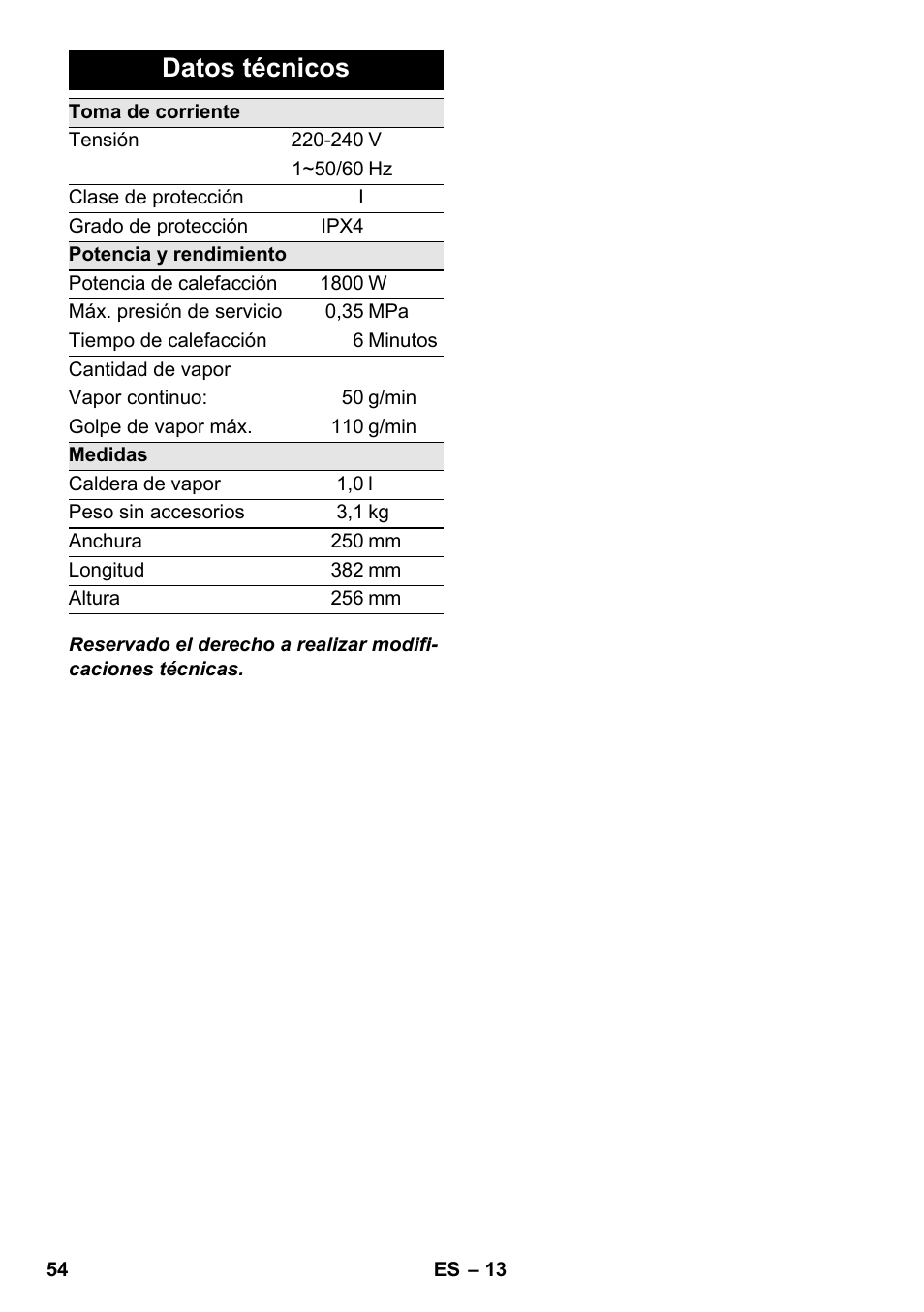 Datos técnicos | Karcher SC 3-000 User Manual | Page 54 / 238