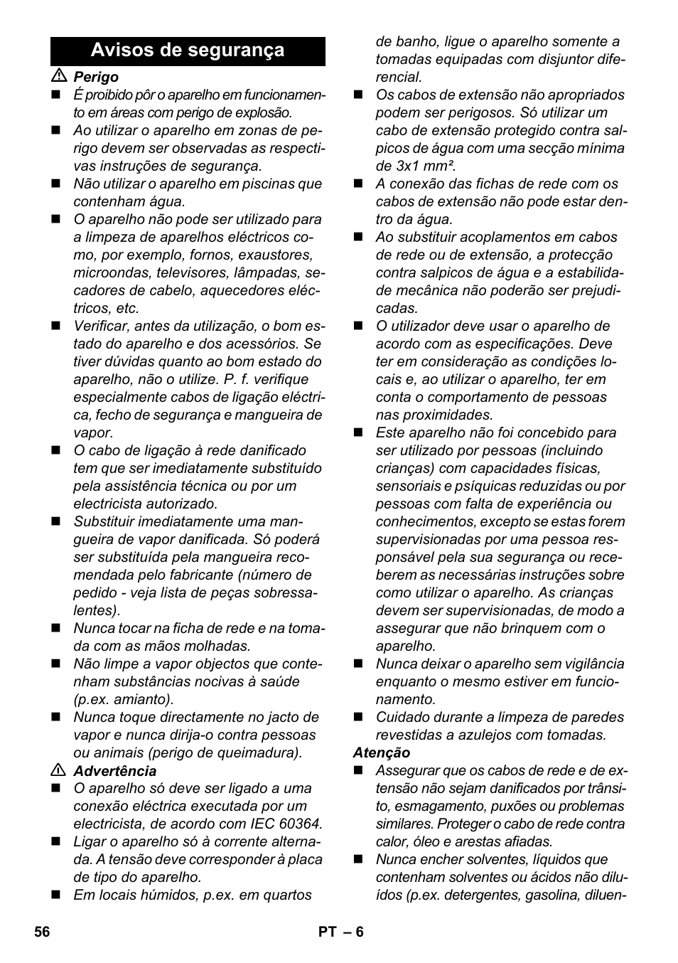 Avisos de segurança | Karcher SC 3-000 User Manual | Page 56 / 238