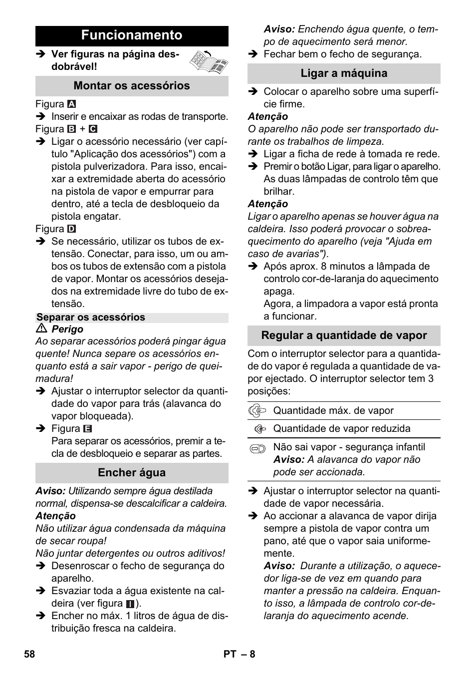 Funcionamento | Karcher SC 3-000 User Manual | Page 58 / 238