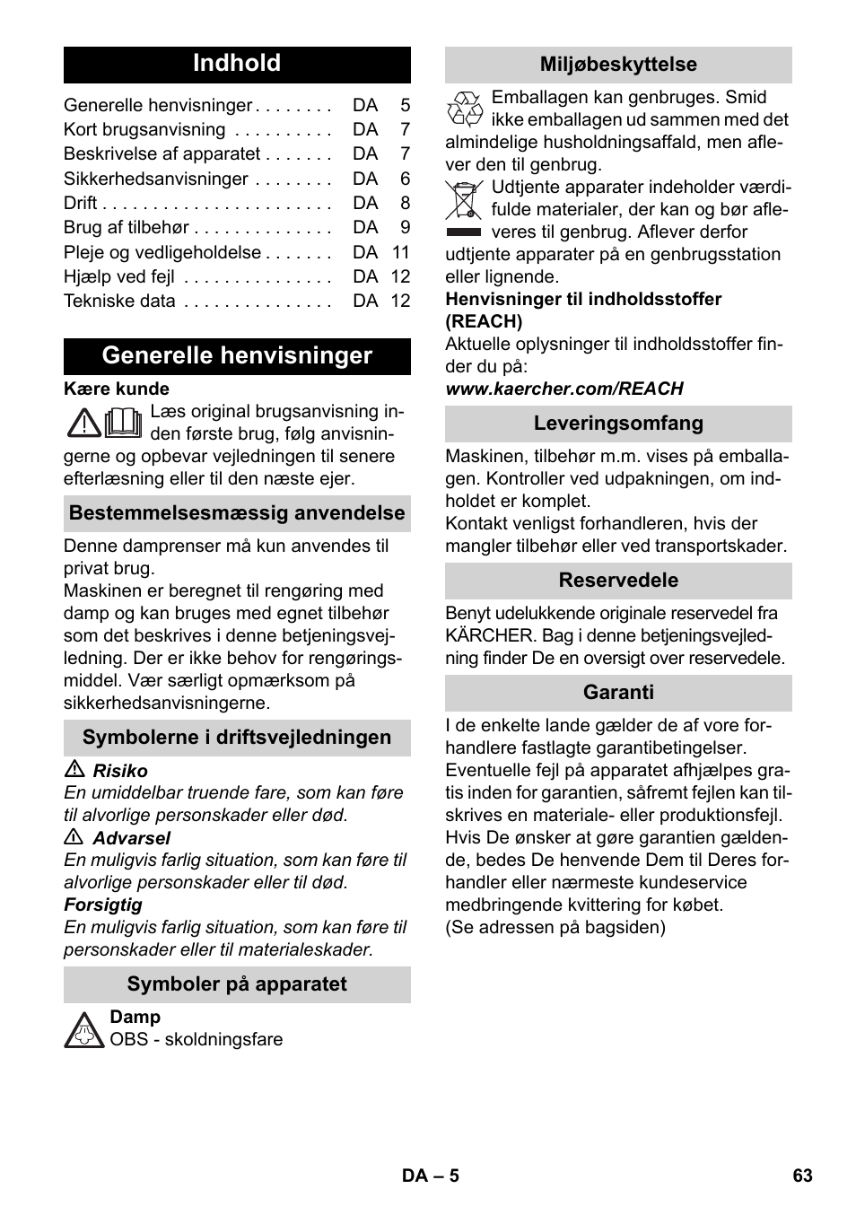 Dansk, Indhold, Generelle henvisninger | Karcher SC 3-000 User Manual | Page 63 / 238