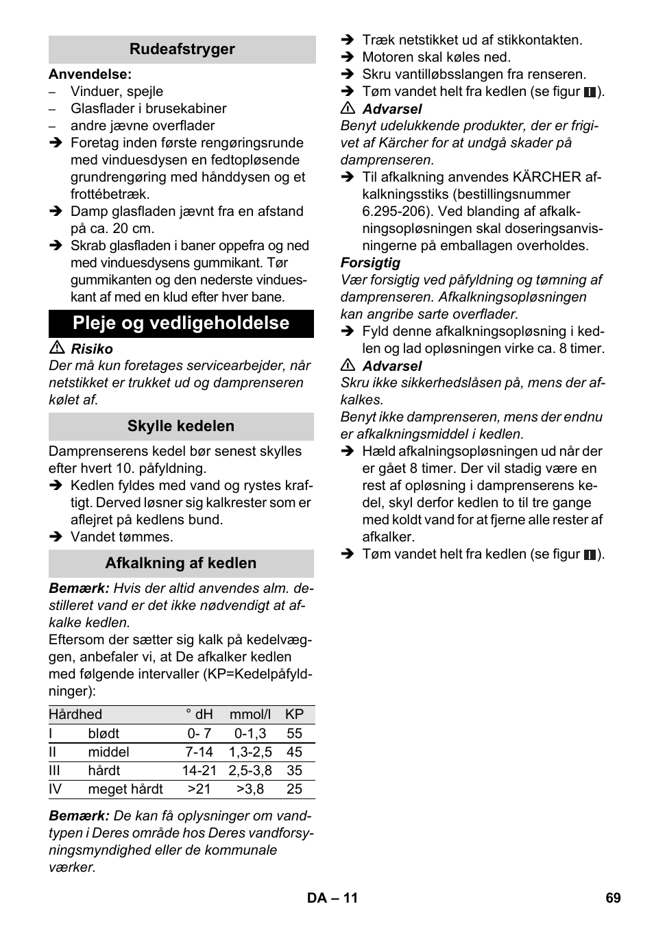 Pleje og vedligeholdelse | Karcher SC 3-000 User Manual | Page 69 / 238