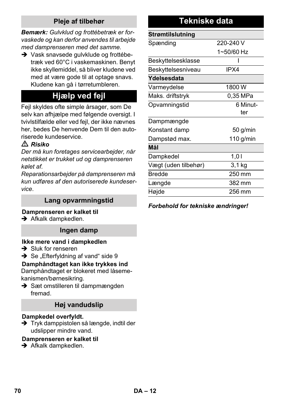 Hjælp ved fejl, Tekniske data | Karcher SC 3-000 User Manual | Page 70 / 238