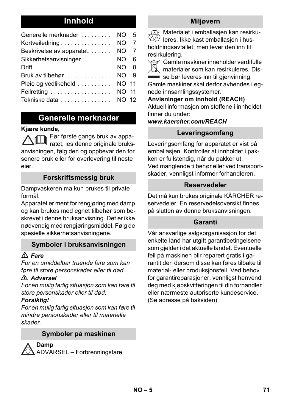 Norsk, Innhold, Generelle merknader | Karcher SC 3-000 User Manual | Page 71 / 238