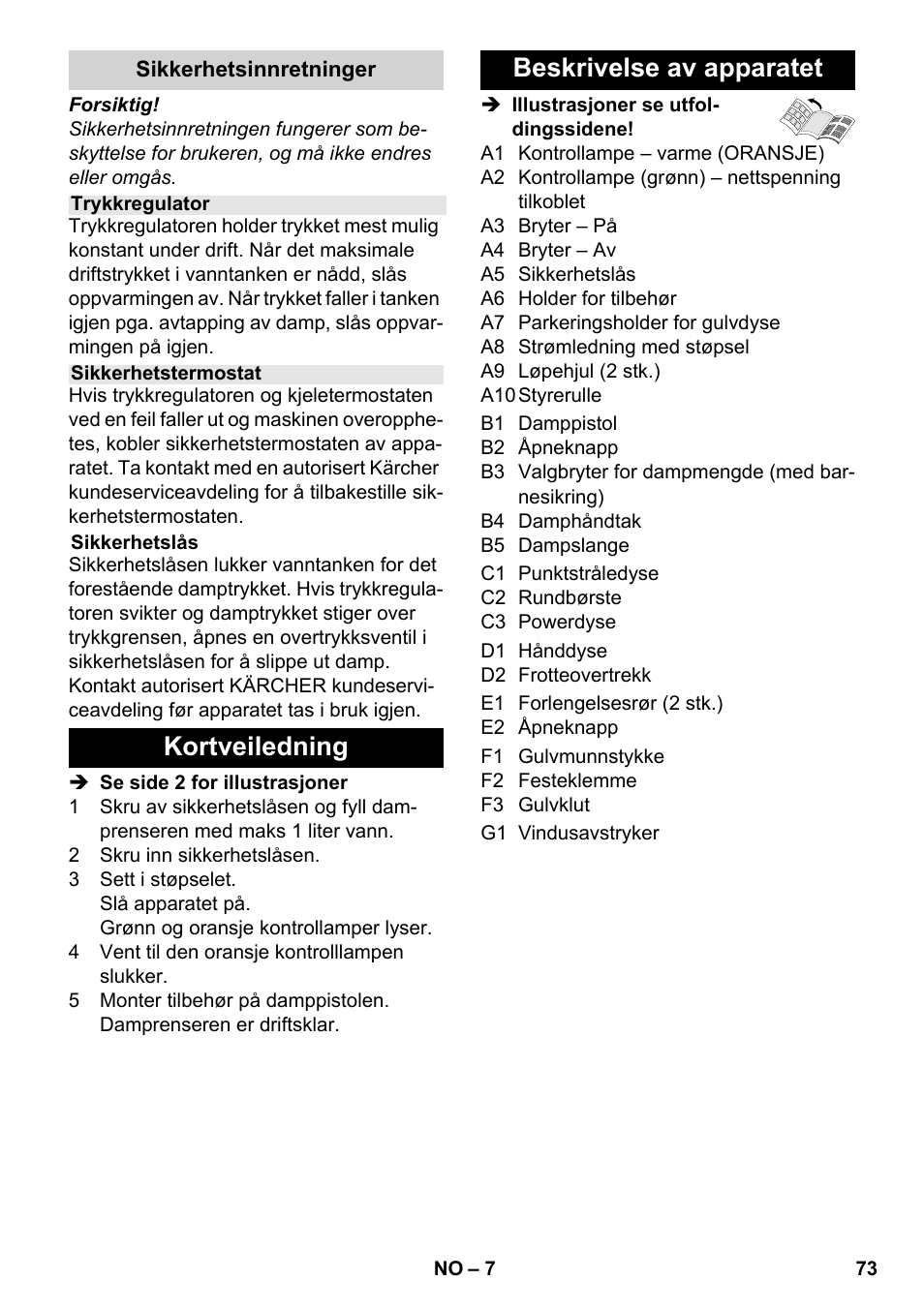 Kortveiledning beskrivelse av apparatet | Karcher SC 3-000 User Manual | Page 73 / 238