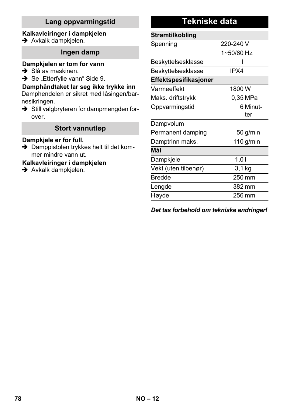 Tekniske data | Karcher SC 3-000 User Manual | Page 78 / 238