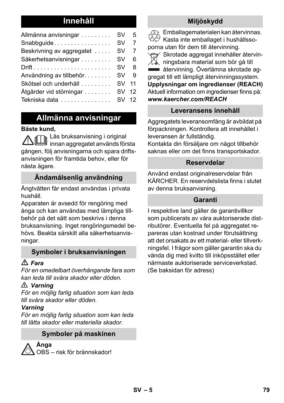 Svenska, Innehåll, Allmänna anvisningar | Karcher SC 3-000 User Manual | Page 79 / 238