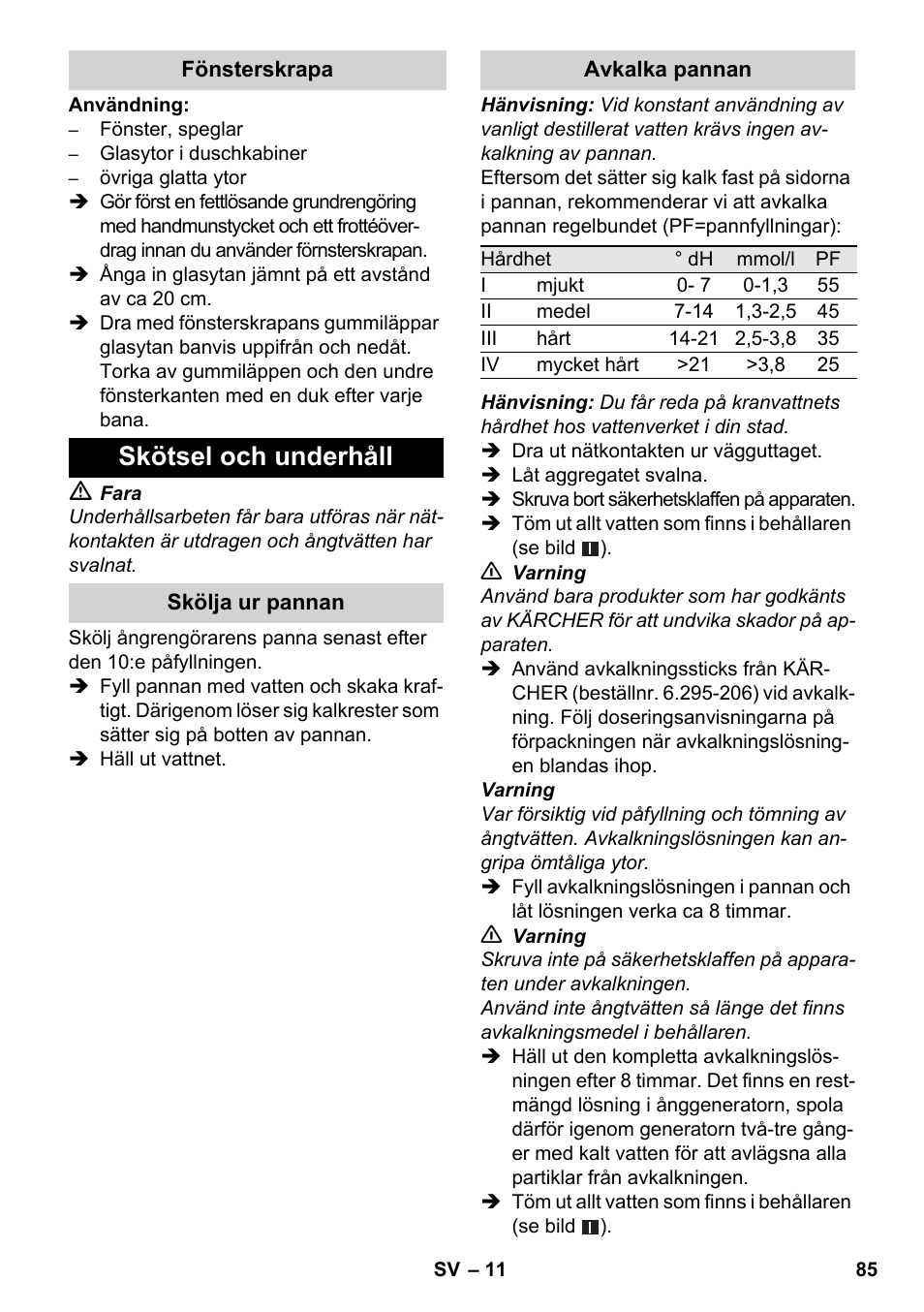 Skötsel och underhåll | Karcher SC 3-000 User Manual | Page 85 / 238