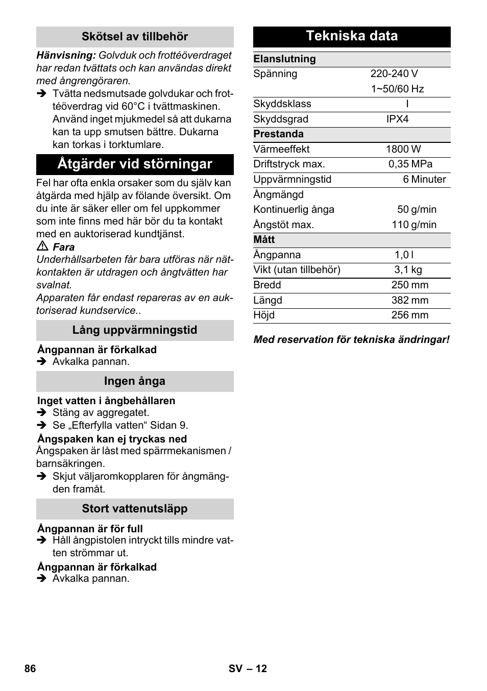 Åtgärder vid störningar, Tekniska data | Karcher SC 3-000 User Manual | Page 86 / 238