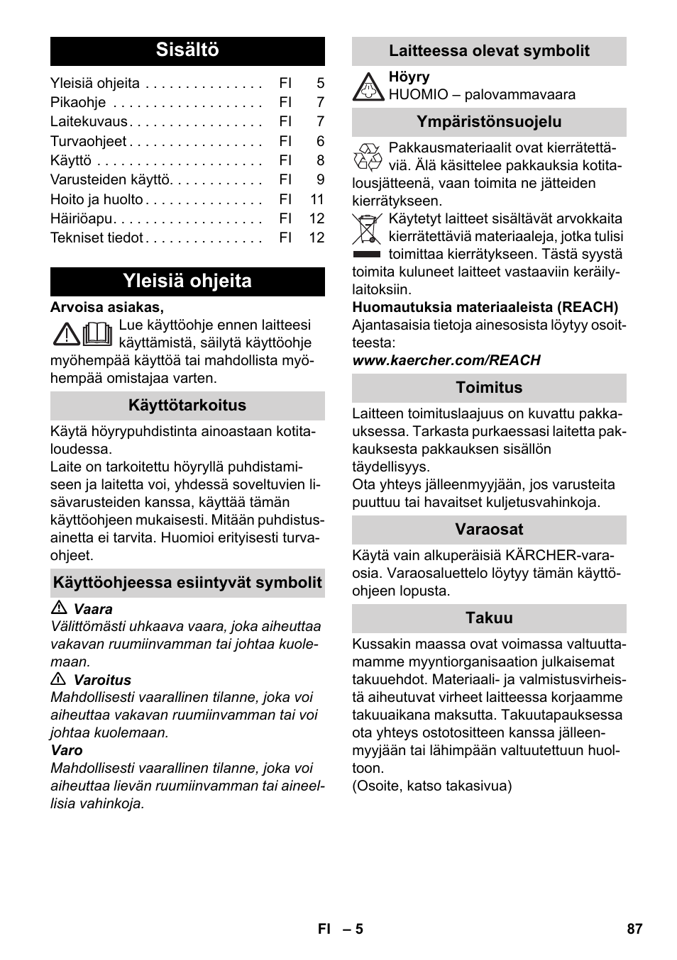 Suomi, Sisältö, Yleisiä ohjeita | Karcher SC 3-000 User Manual | Page 87 / 238
