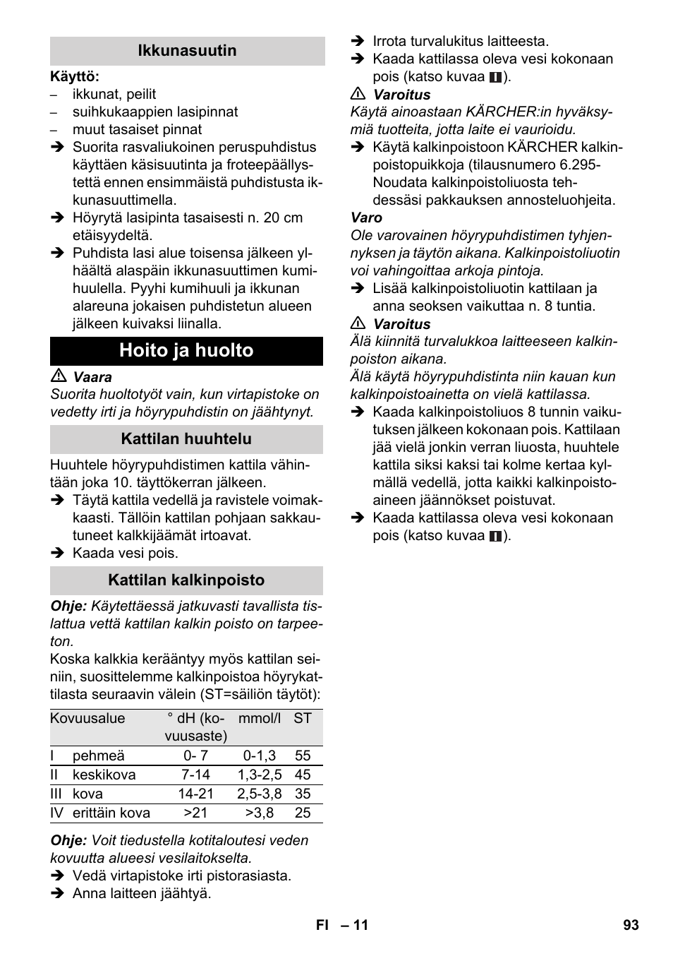 Hoito ja huolto | Karcher SC 3-000 User Manual | Page 93 / 238