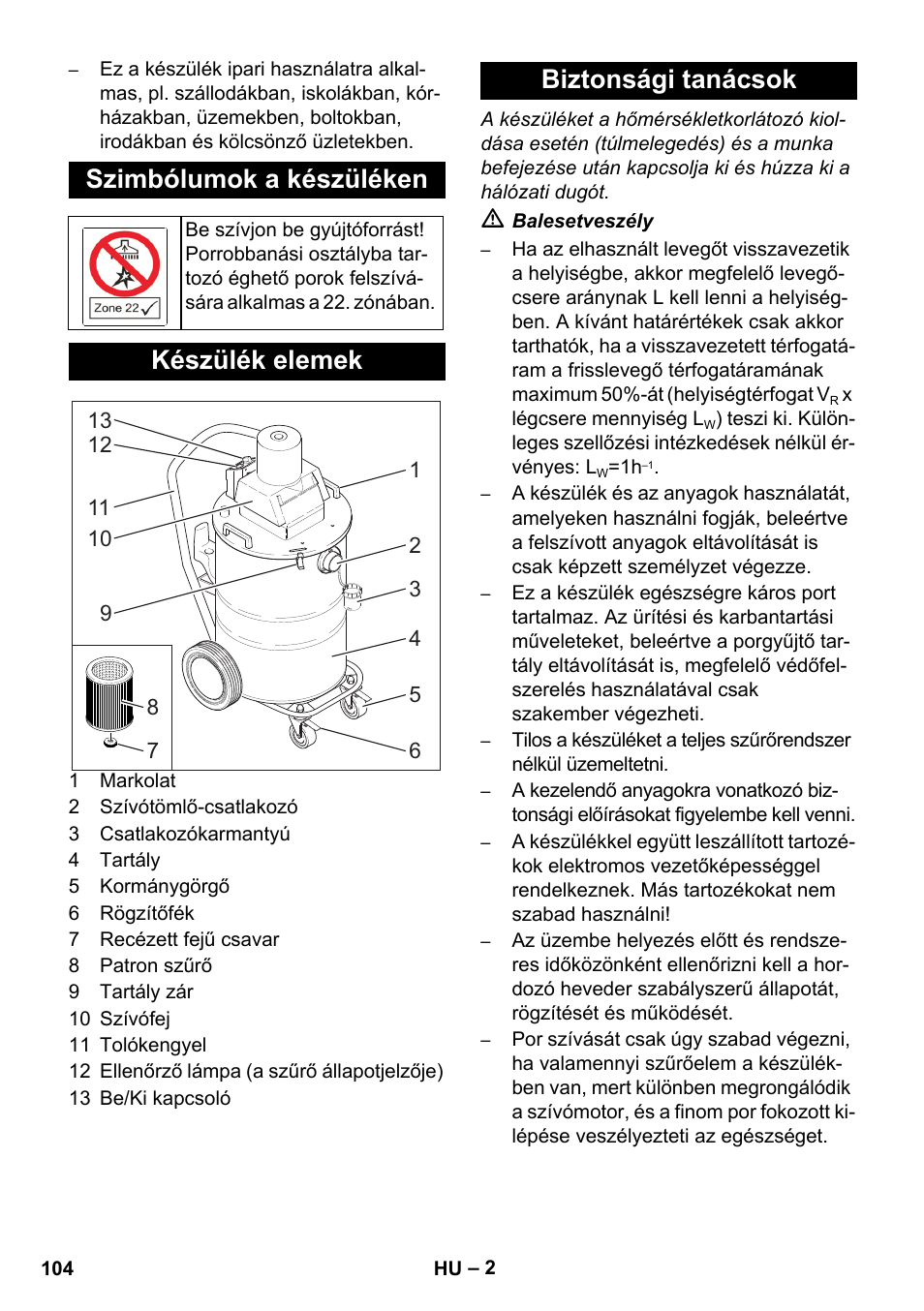 Szimbólumok a készüléken, Készülék elemek, Biztonsági tanácsok | Karcher NT 80-1 B1 M EU User Manual | Page 104 / 200