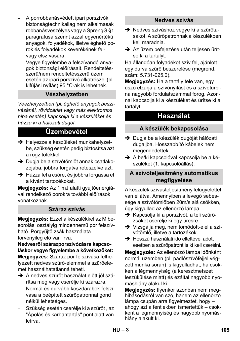 Üzembevétel, Használat | Karcher NT 80-1 B1 M EU User Manual | Page 105 / 200