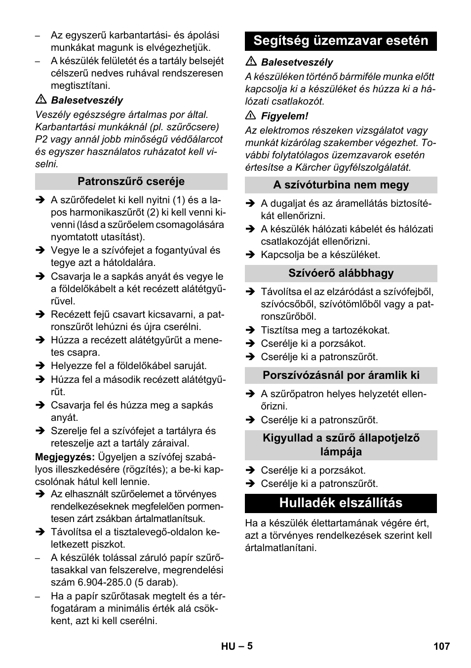 Segítség üzemzavar esetén, Hulladék elszállítás | Karcher NT 80-1 B1 M EU User Manual | Page 107 / 200