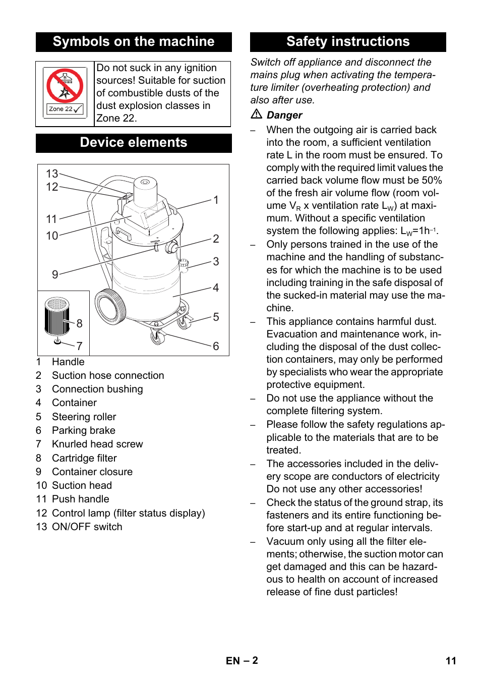 Symbols on the machine, Device elements, Safety instructions | Karcher NT 80-1 B1 M EU User Manual | Page 11 / 200