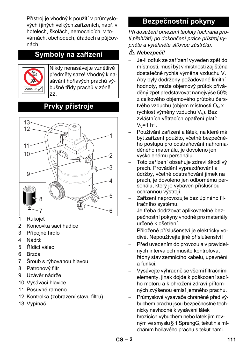 Symboly na zařízení, Prvky přístroje, Bezpečnostní pokyny | Karcher NT 80-1 B1 M EU User Manual | Page 111 / 200