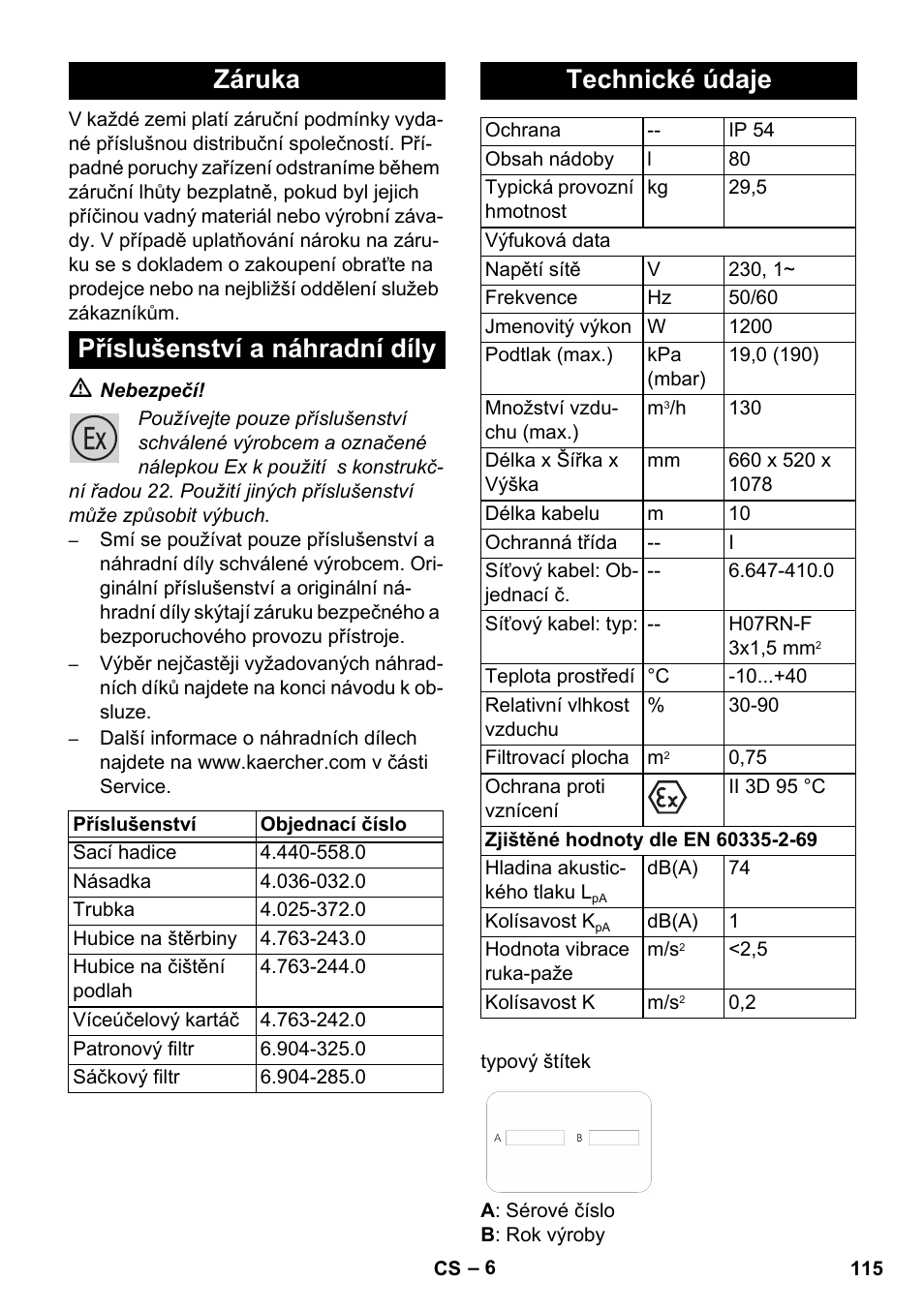 Záruka příslušenství a náhradní díly, Technické údaje | Karcher NT 80-1 B1 M EU User Manual | Page 115 / 200