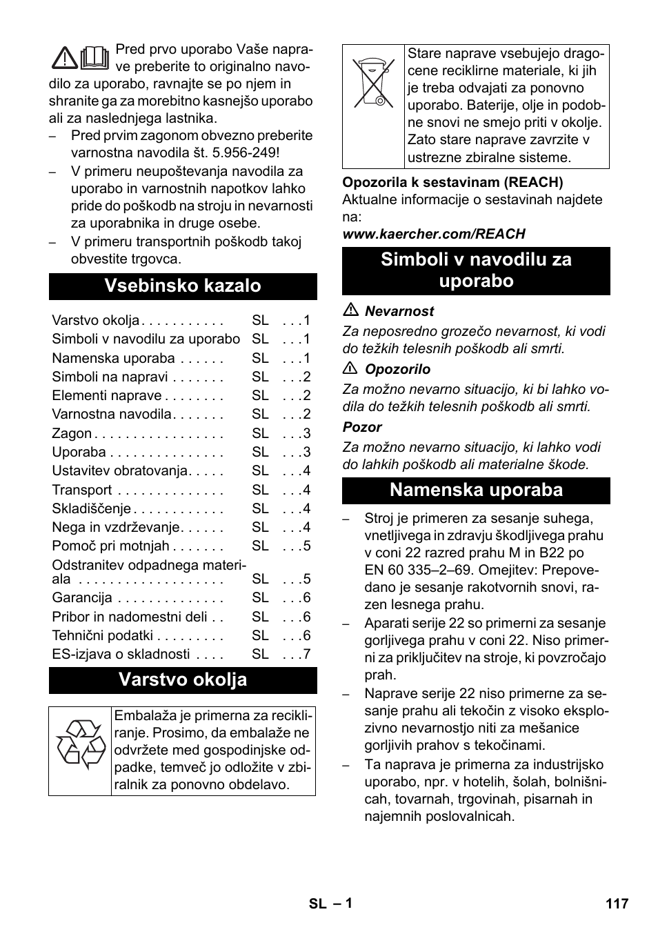 Slovenščina, Vsebinsko kazalo, Varstvo okolja | Simboli v navodilu za uporabo namenska uporaba | Karcher NT 80-1 B1 M EU User Manual | Page 117 / 200