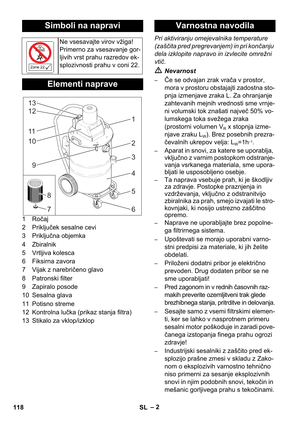 Simboli na napravi, Elementi naprave, Varnostna navodila | Karcher NT 80-1 B1 M EU User Manual | Page 118 / 200