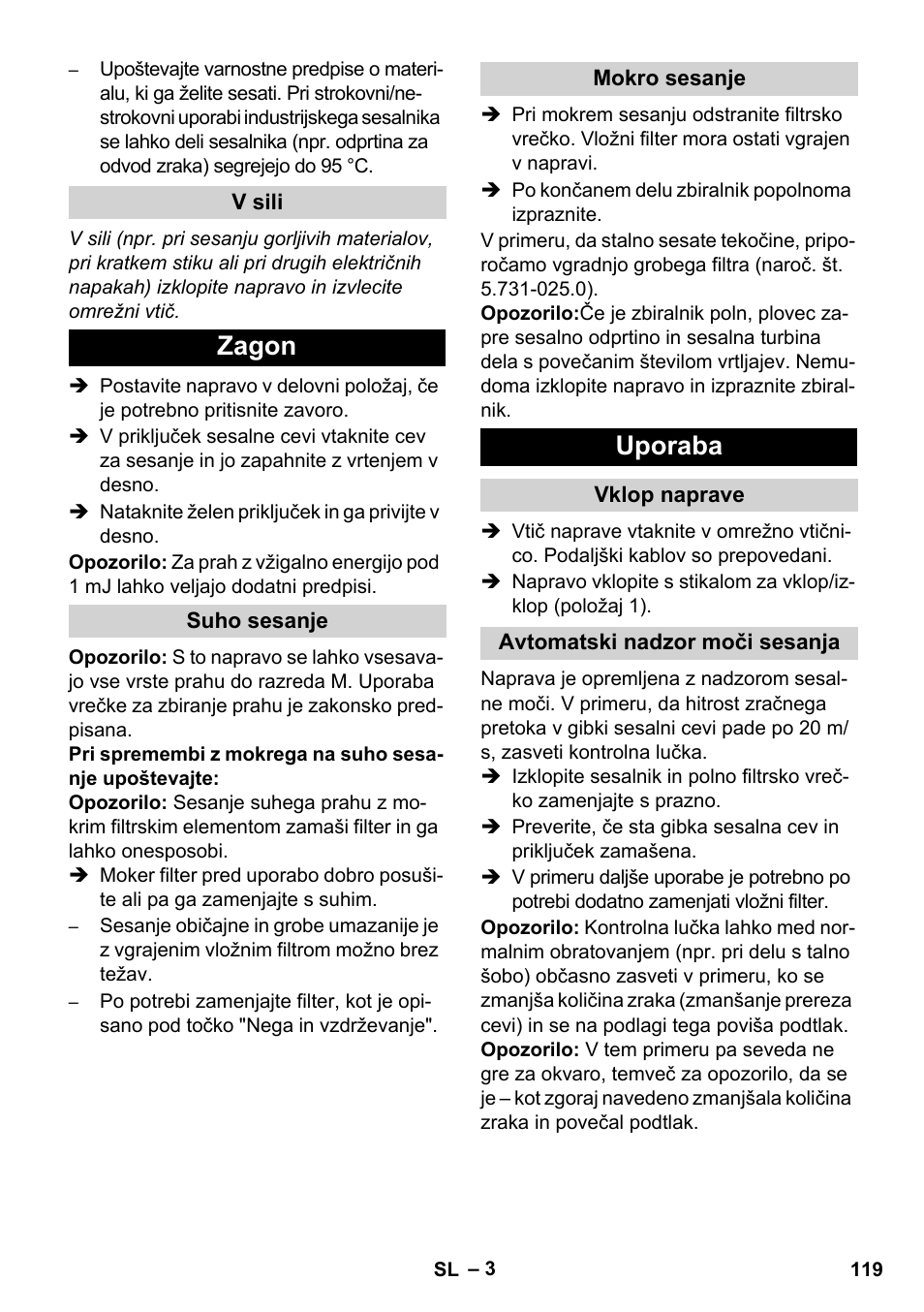 Zagon, Uporaba | Karcher NT 80-1 B1 M EU User Manual | Page 119 / 200