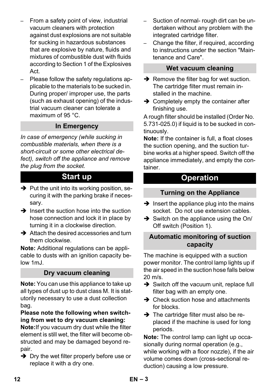 Start up, Operation | Karcher NT 80-1 B1 M EU User Manual | Page 12 / 200