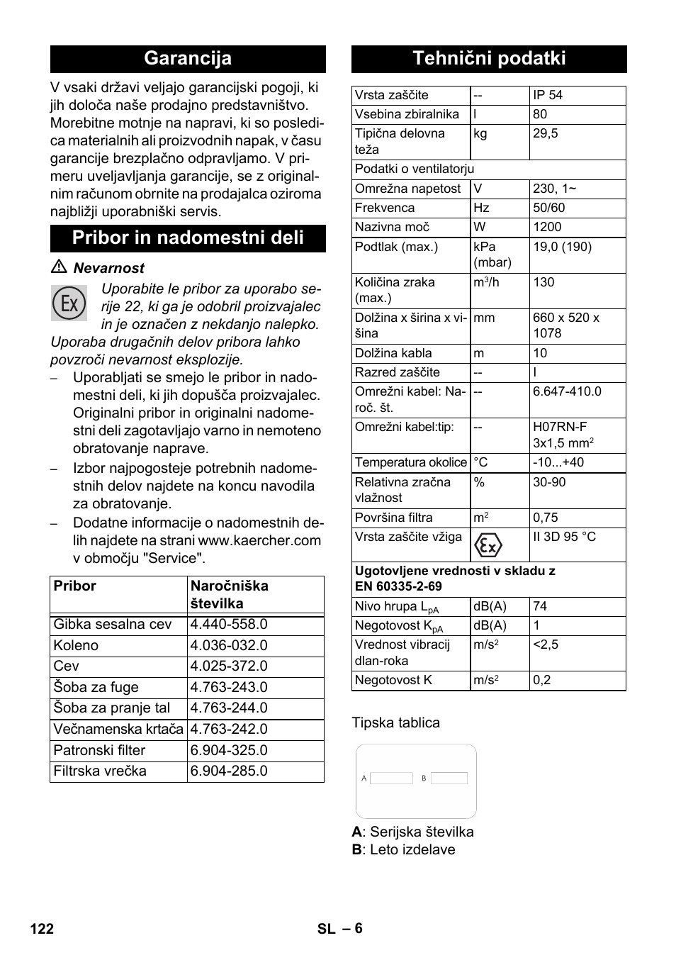 Garancija pribor in nadomestni deli, Tehnični podatki | Karcher NT 80-1 B1 M EU User Manual | Page 122 / 200