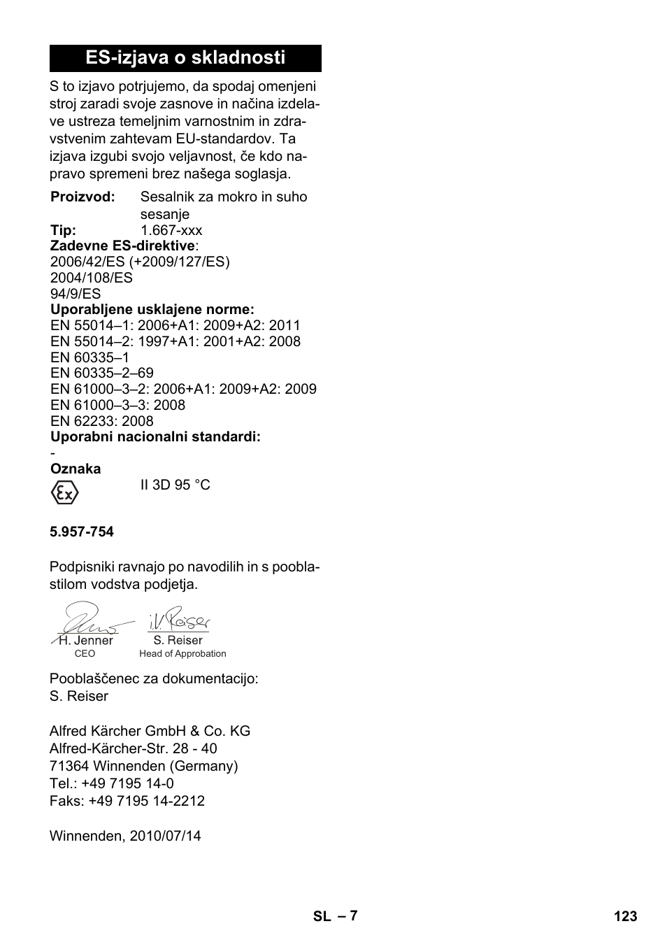 Es-izjava o skladnosti | Karcher NT 80-1 B1 M EU User Manual | Page 123 / 200
