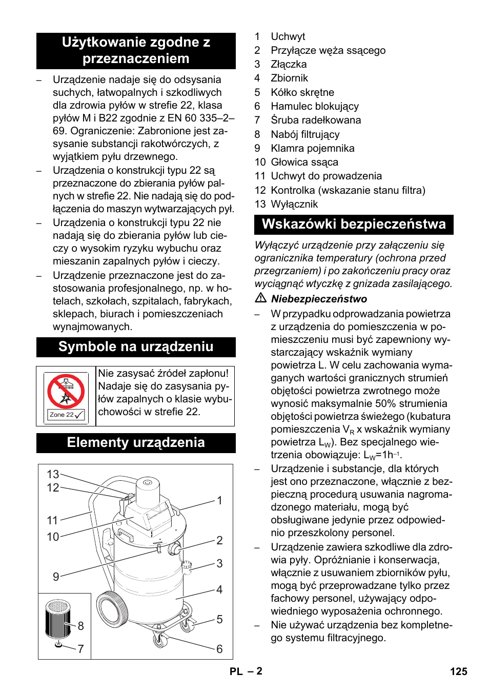 Elementy urządzenia, Wskazówki bezpieczeństwa | Karcher NT 80-1 B1 M EU User Manual | Page 125 / 200