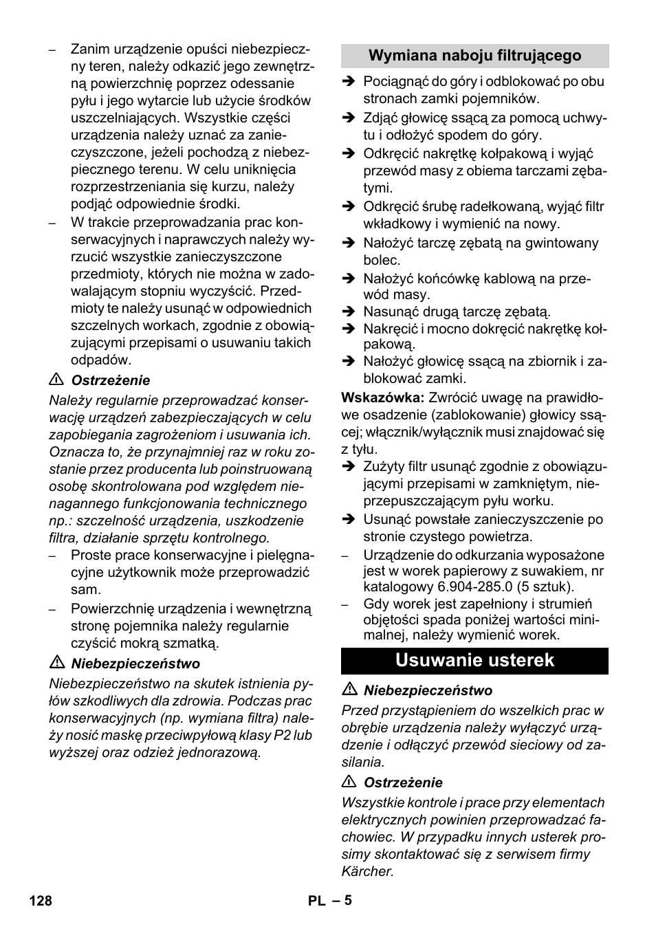 Usuwanie usterek | Karcher NT 80-1 B1 M EU User Manual | Page 128 / 200