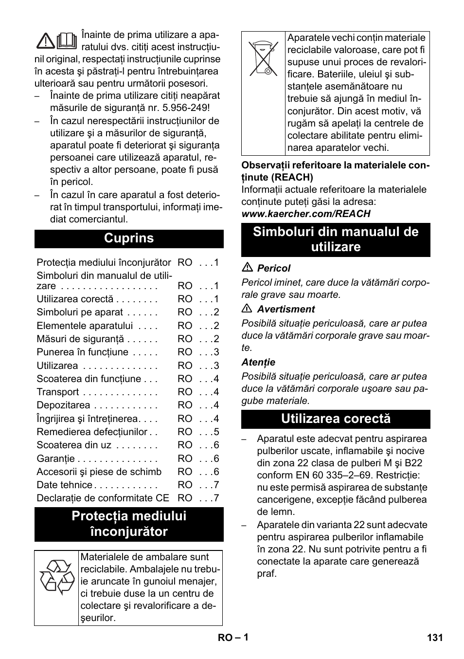 Româneşte, Cuprins, Protecţia mediului înconjurător | Karcher NT 80-1 B1 M EU User Manual | Page 131 / 200