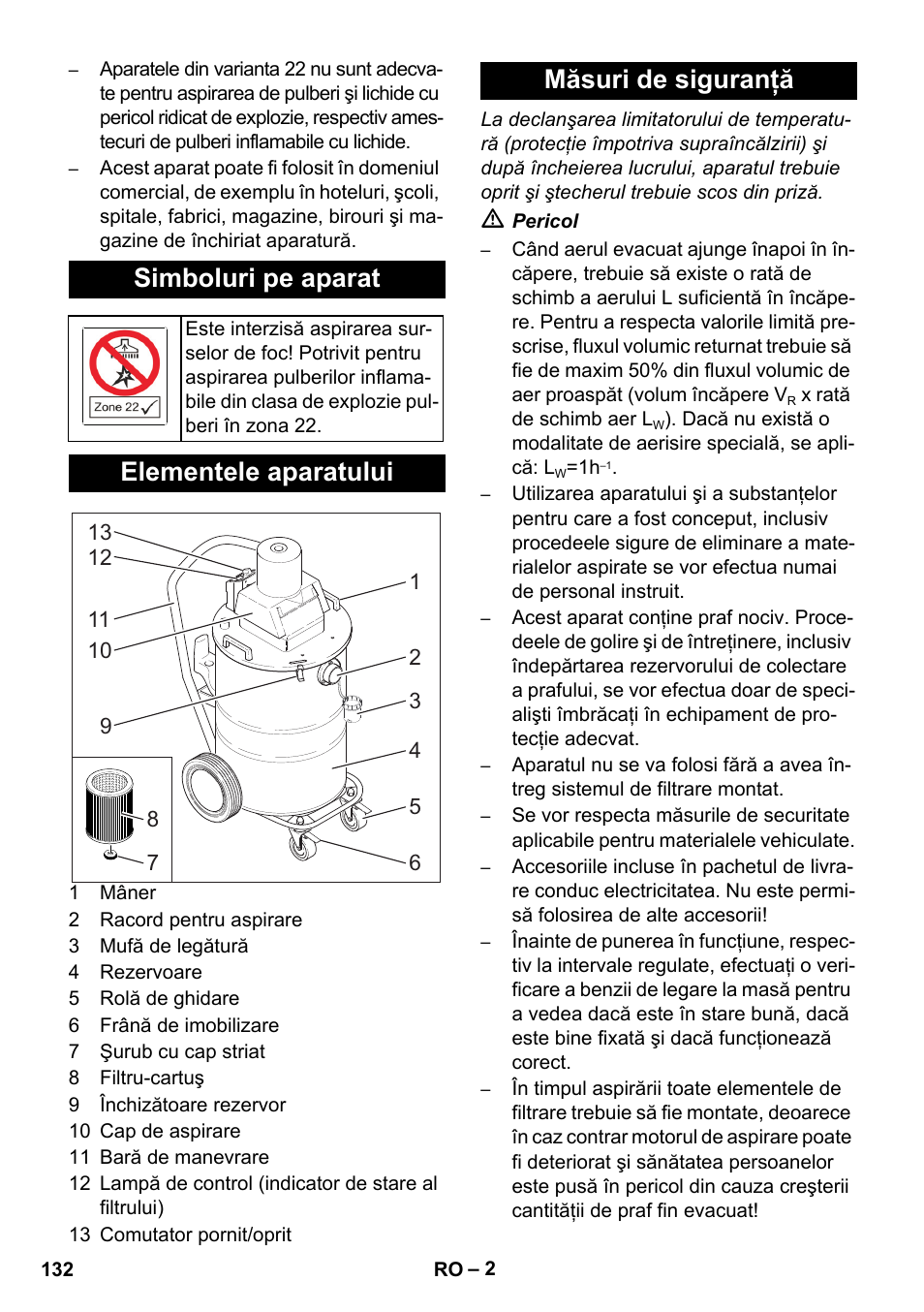 Simboluri pe aparat, Elementele aparatului, Măsuri de siguranţă | Karcher NT 80-1 B1 M EU User Manual | Page 132 / 200