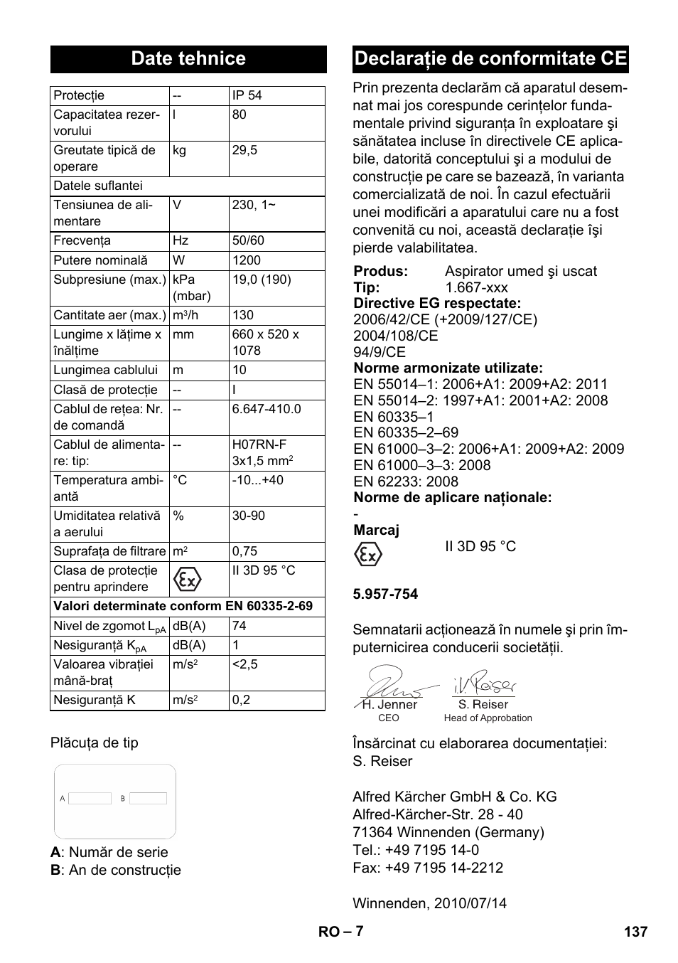 Date tehnice, Declaraţie de conformitate ce | Karcher NT 80-1 B1 M EU User Manual | Page 137 / 200