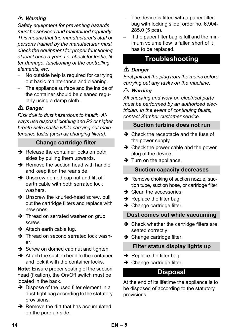 Troubleshooting, Disposal | Karcher NT 80-1 B1 M EU User Manual | Page 14 / 200