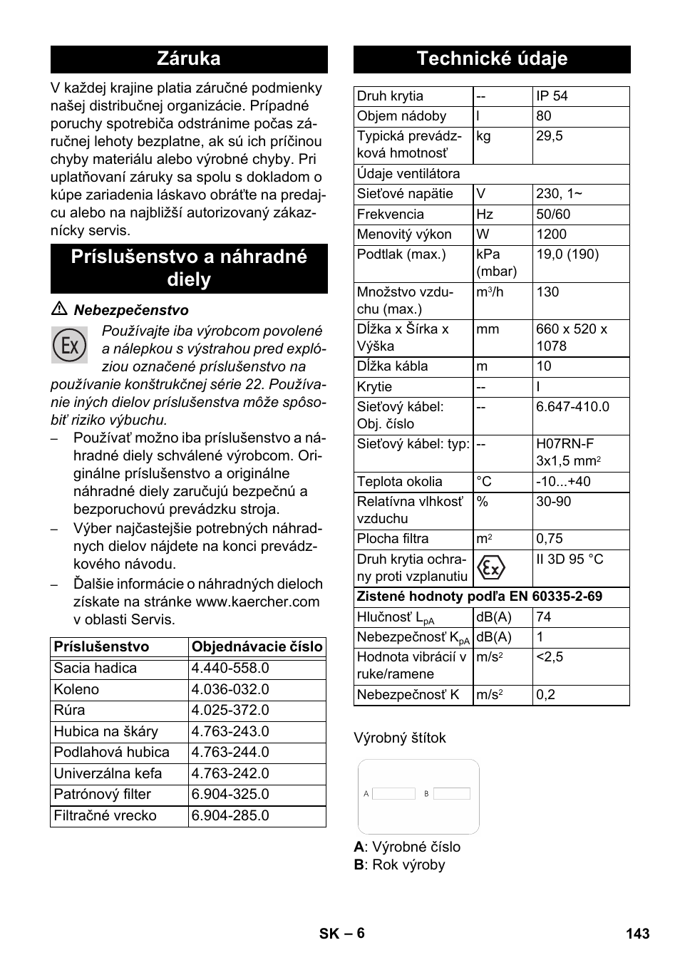 Záruka príslušenstvo a náhradné diely, Technické údaje | Karcher NT 80-1 B1 M EU User Manual | Page 143 / 200