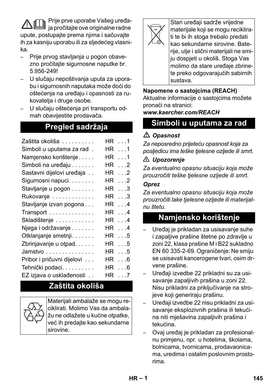 Hrvatski, Pregled sadržaja, Zaštita okoliša | Simboli u uputama za rad namjensko korištenje | Karcher NT 80-1 B1 M EU User Manual | Page 145 / 200