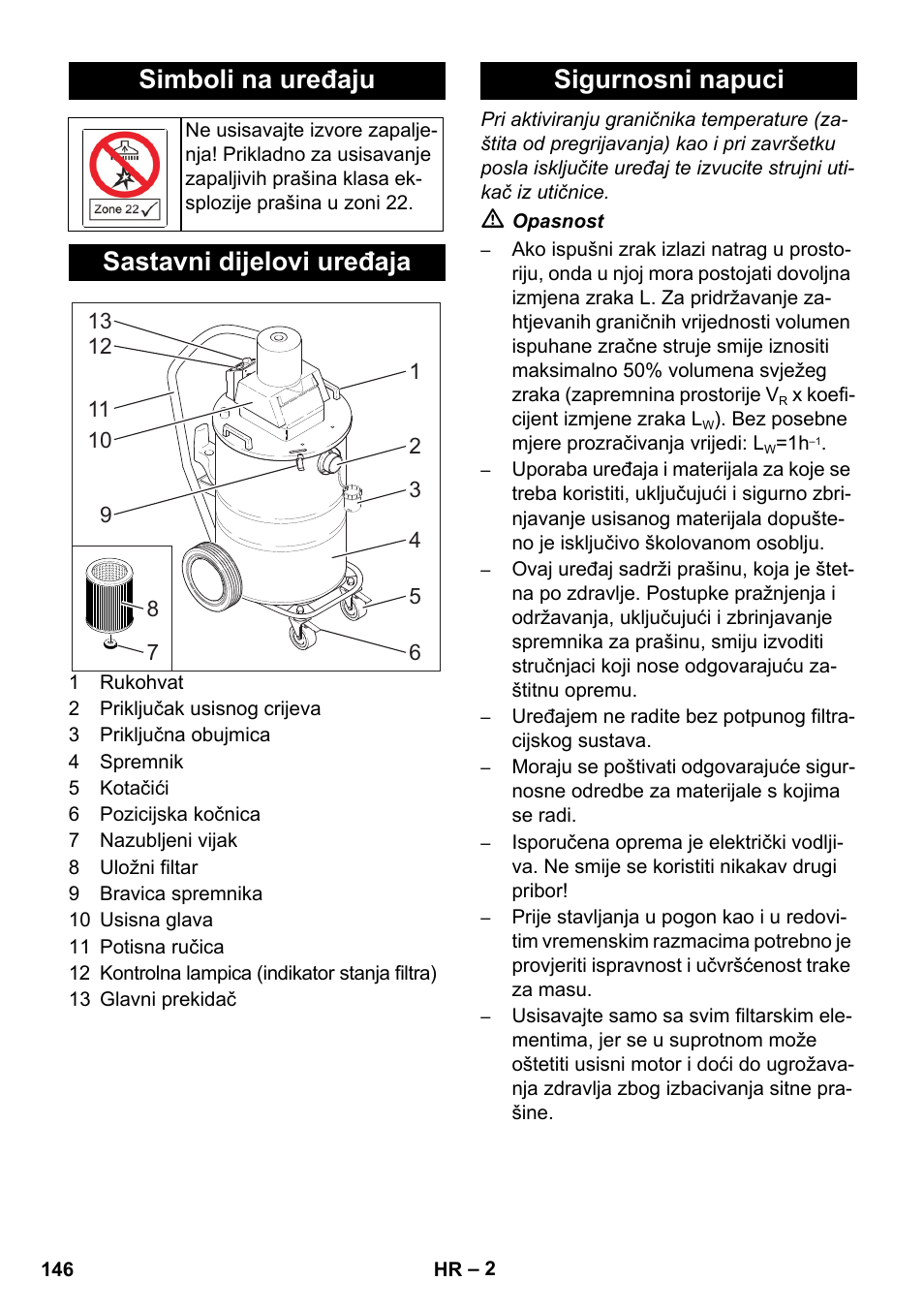 Simboli na uređaju, Sastavni dijelovi uređaja, Sigurnosni napuci | Karcher NT 80-1 B1 M EU User Manual | Page 146 / 200