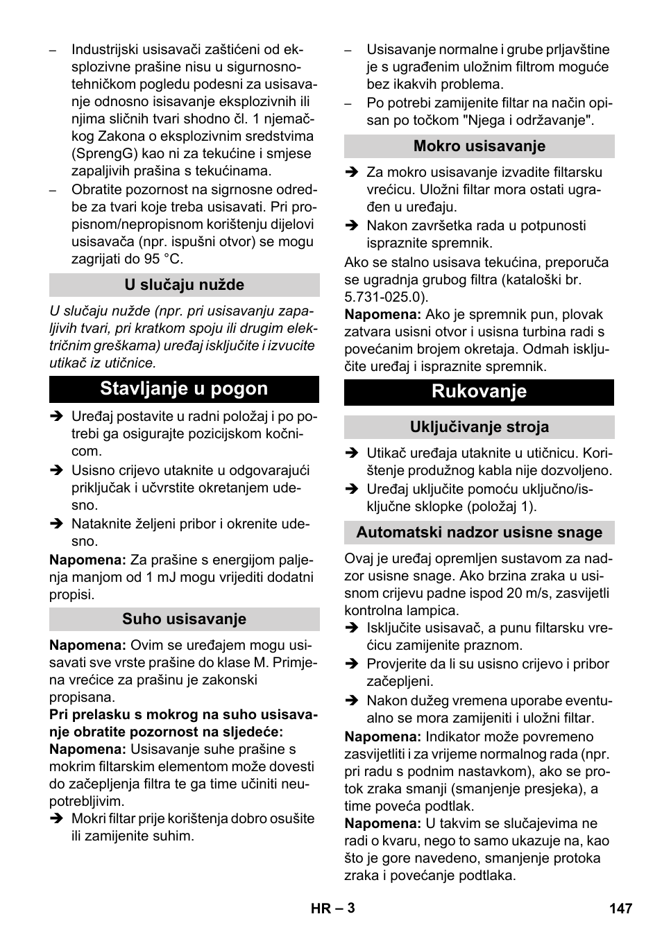 Stavljanje u pogon, Rukovanje | Karcher NT 80-1 B1 M EU User Manual | Page 147 / 200