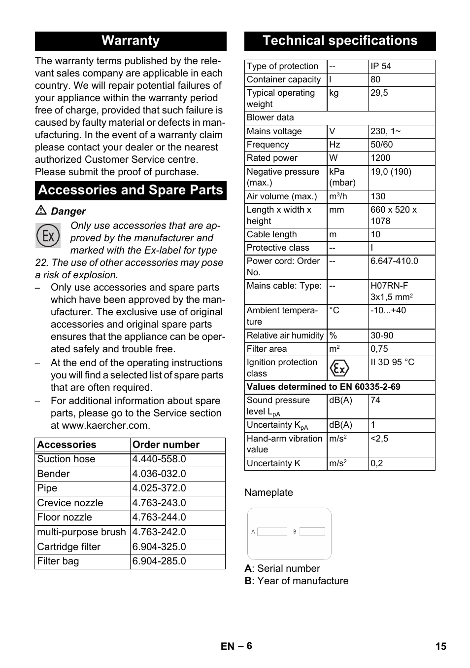 Warranty accessories and spare parts, Technical specifications | Karcher NT 80-1 B1 M EU User Manual | Page 15 / 200