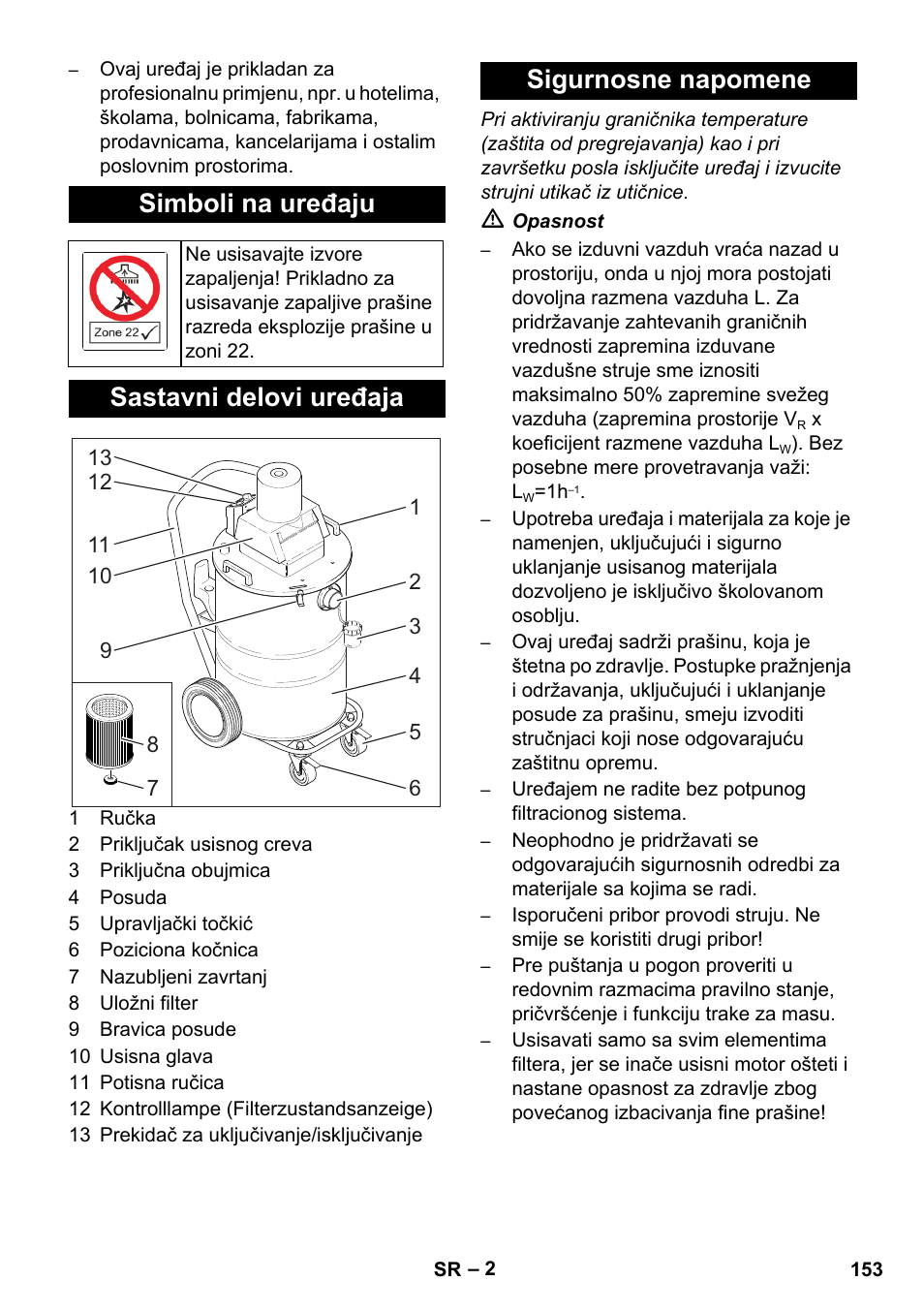 Simboli na uređaju, Sastavni delovi uređaja, Sigurnosne napomene | Karcher NT 80-1 B1 M EU User Manual | Page 153 / 200