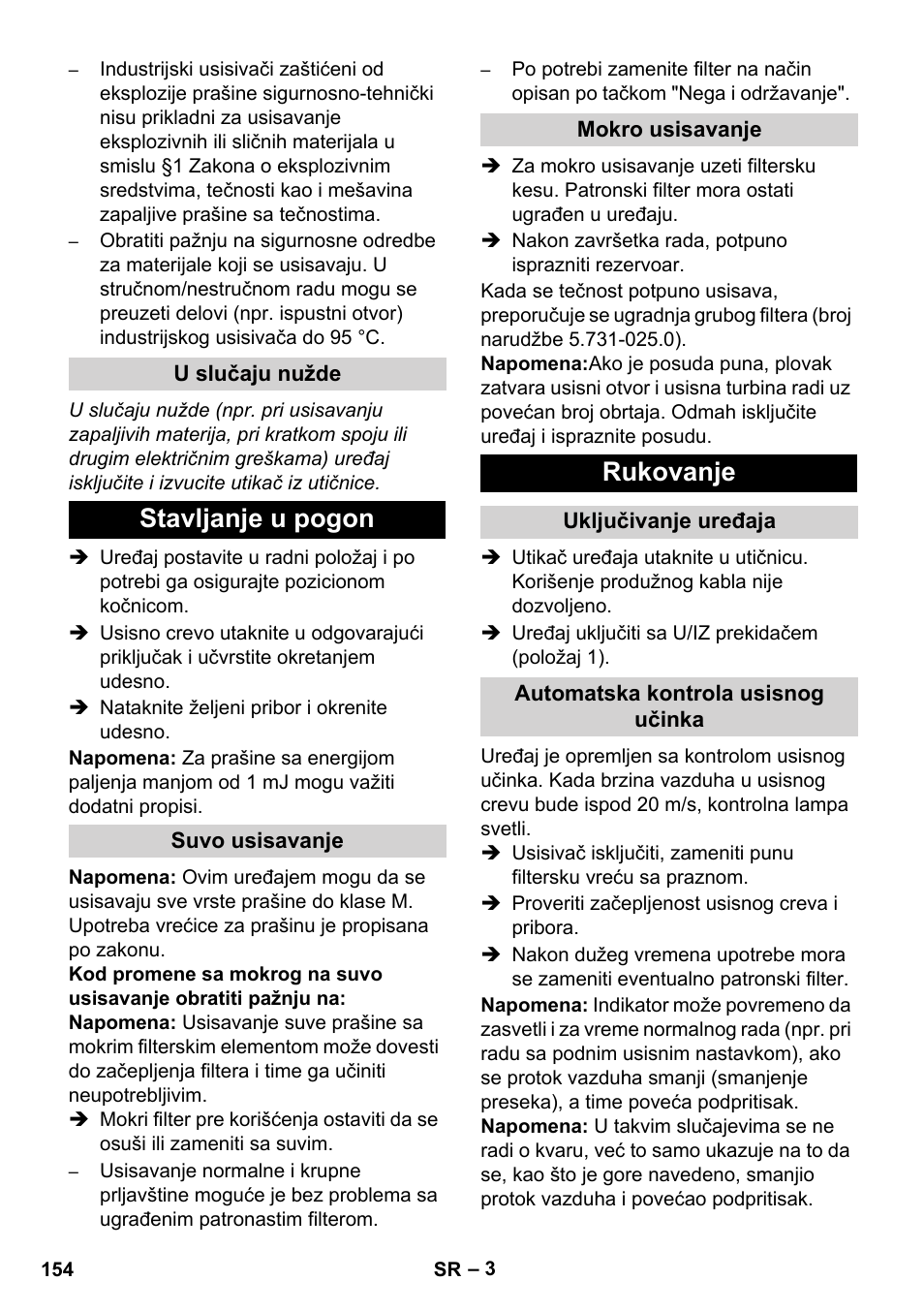 Stavljanje u pogon, Rukovanje | Karcher NT 80-1 B1 M EU User Manual | Page 154 / 200