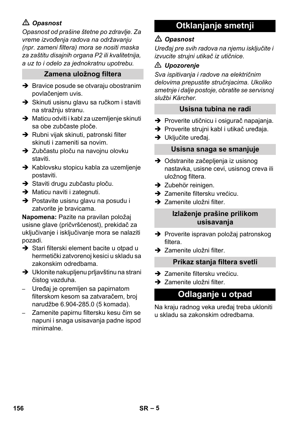 Otklanjanje smetnji, Odlaganje u otpad | Karcher NT 80-1 B1 M EU User Manual | Page 156 / 200