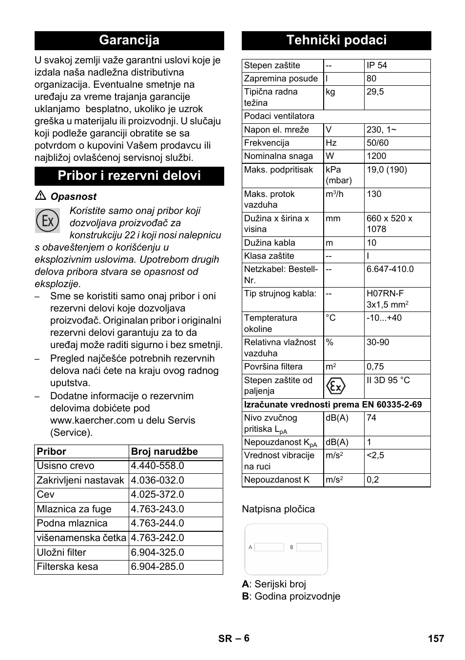 Garancija pribor i rezervni delovi, Tehnički podaci | Karcher NT 80-1 B1 M EU User Manual | Page 157 / 200