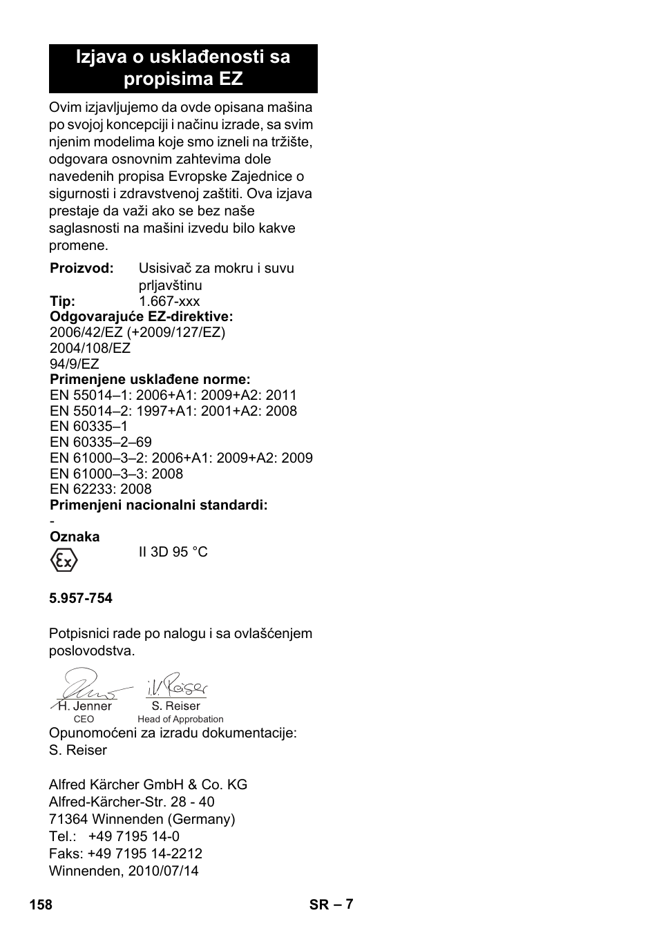 Izjava o usklađenosti sa propisima ez | Karcher NT 80-1 B1 M EU User Manual | Page 158 / 200