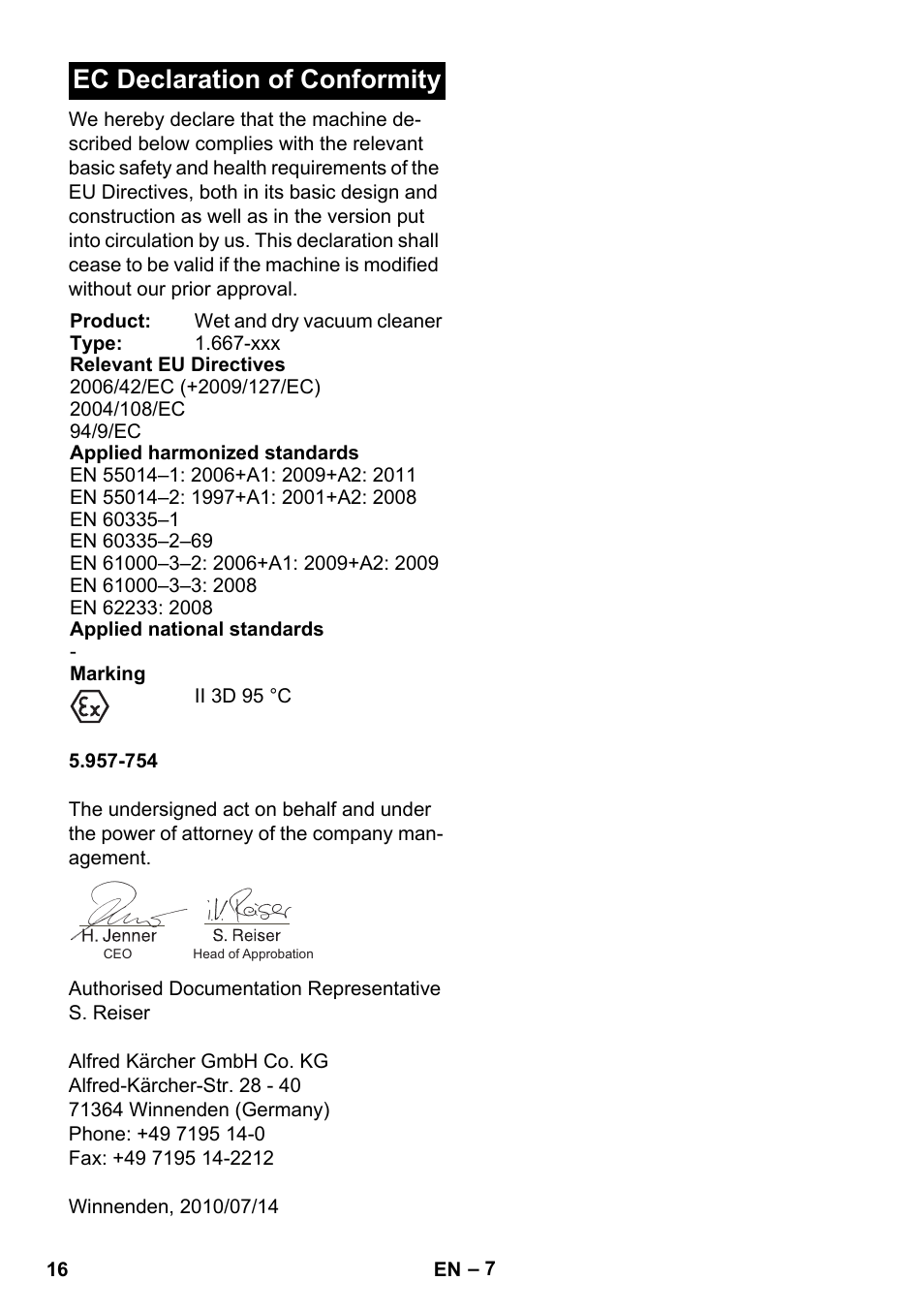 Ec declaration of conformity | Karcher NT 80-1 B1 M EU User Manual | Page 16 / 200