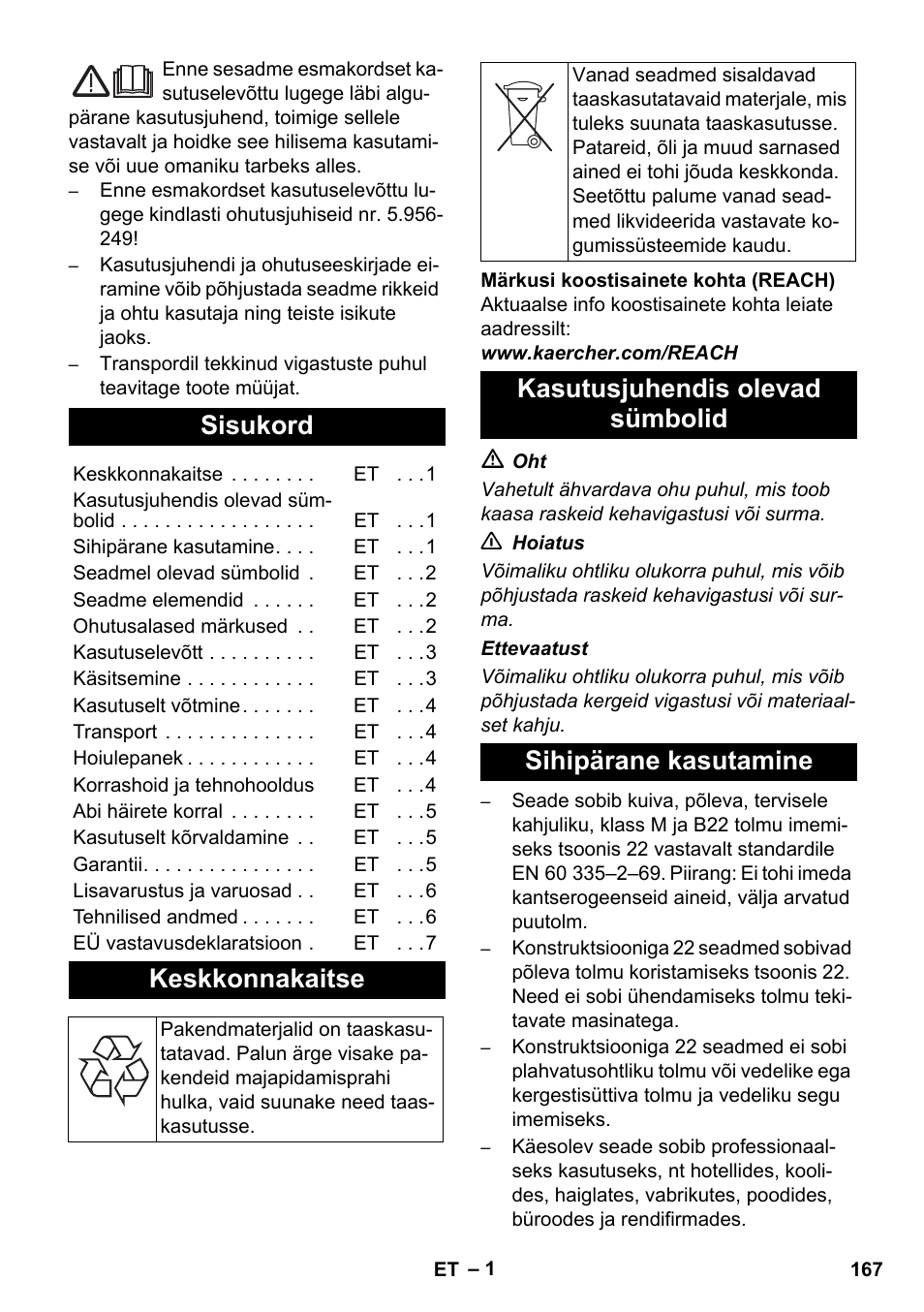 Eesti, Sisukord, Keskkonnakaitse | Karcher NT 80-1 B1 M EU User Manual | Page 167 / 200