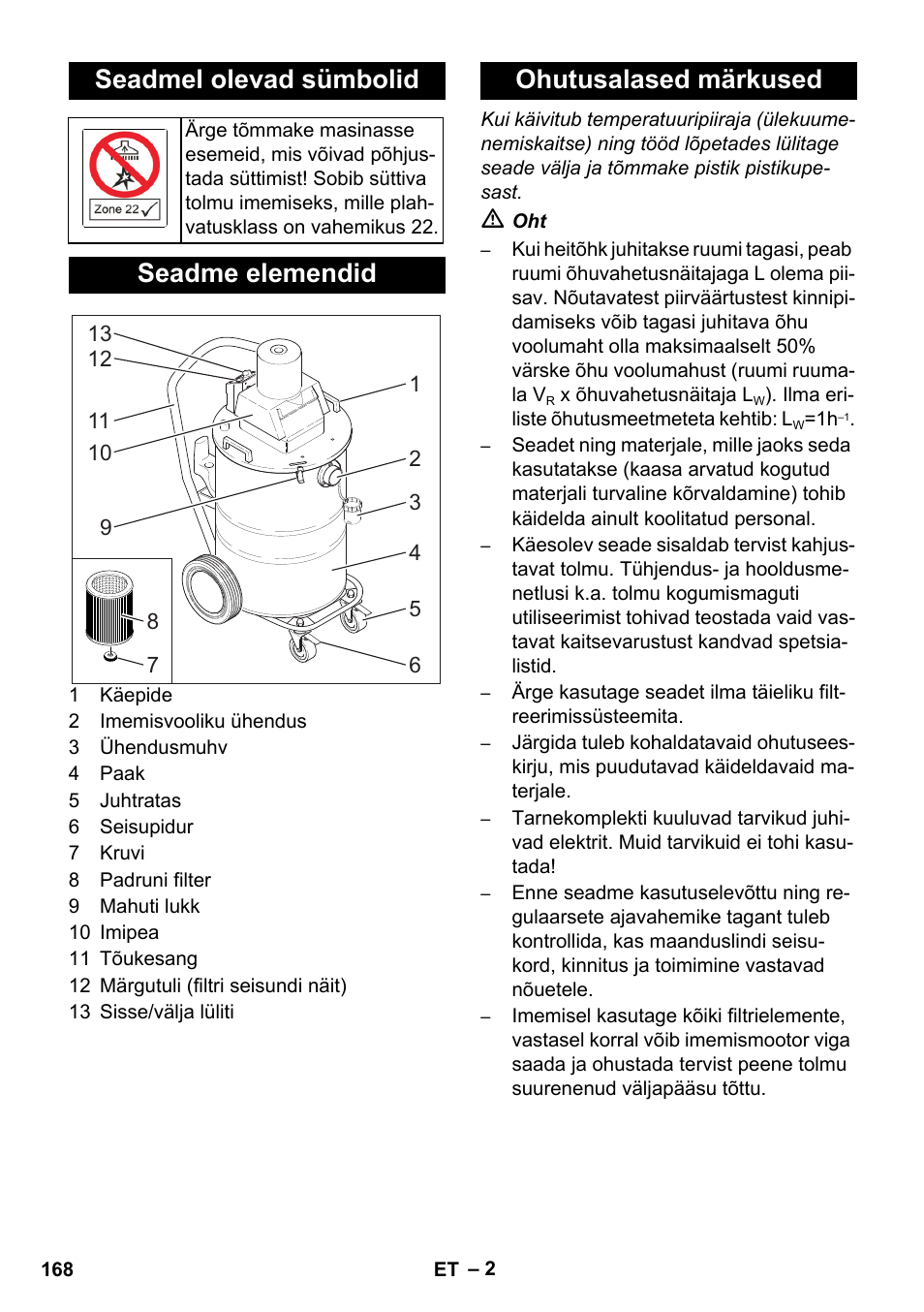 Seadmel olevad sümbolid, Seadme elemendid, Ohutusalased märkused | Karcher NT 80-1 B1 M EU User Manual | Page 168 / 200