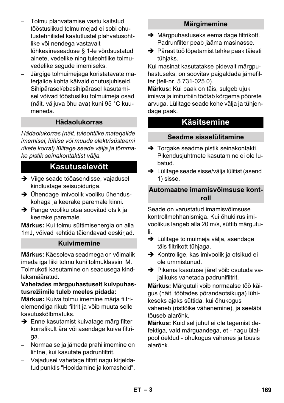 Kasutuselevõtt, Käsitsemine | Karcher NT 80-1 B1 M EU User Manual | Page 169 / 200