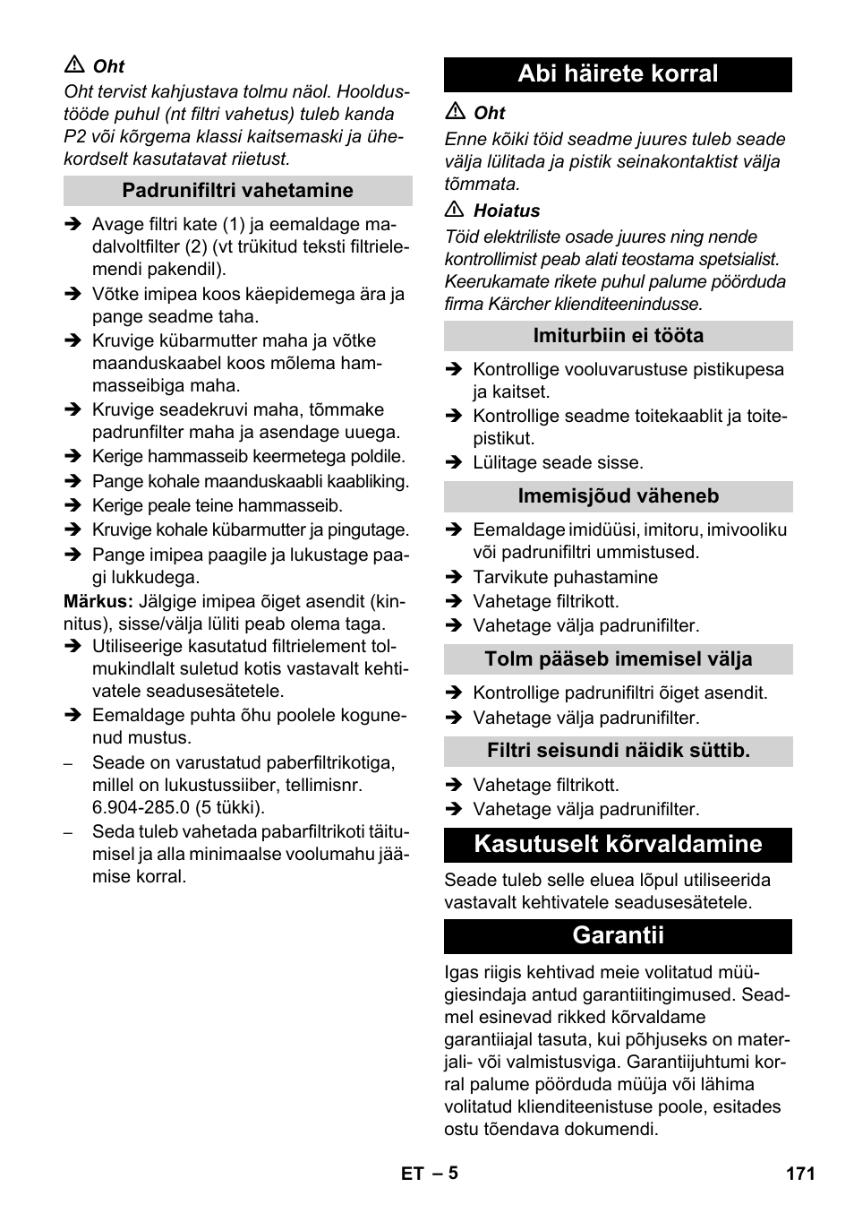 Abi häirete korral, Kasutuselt kõrvaldamine garantii | Karcher NT 80-1 B1 M EU User Manual | Page 171 / 200