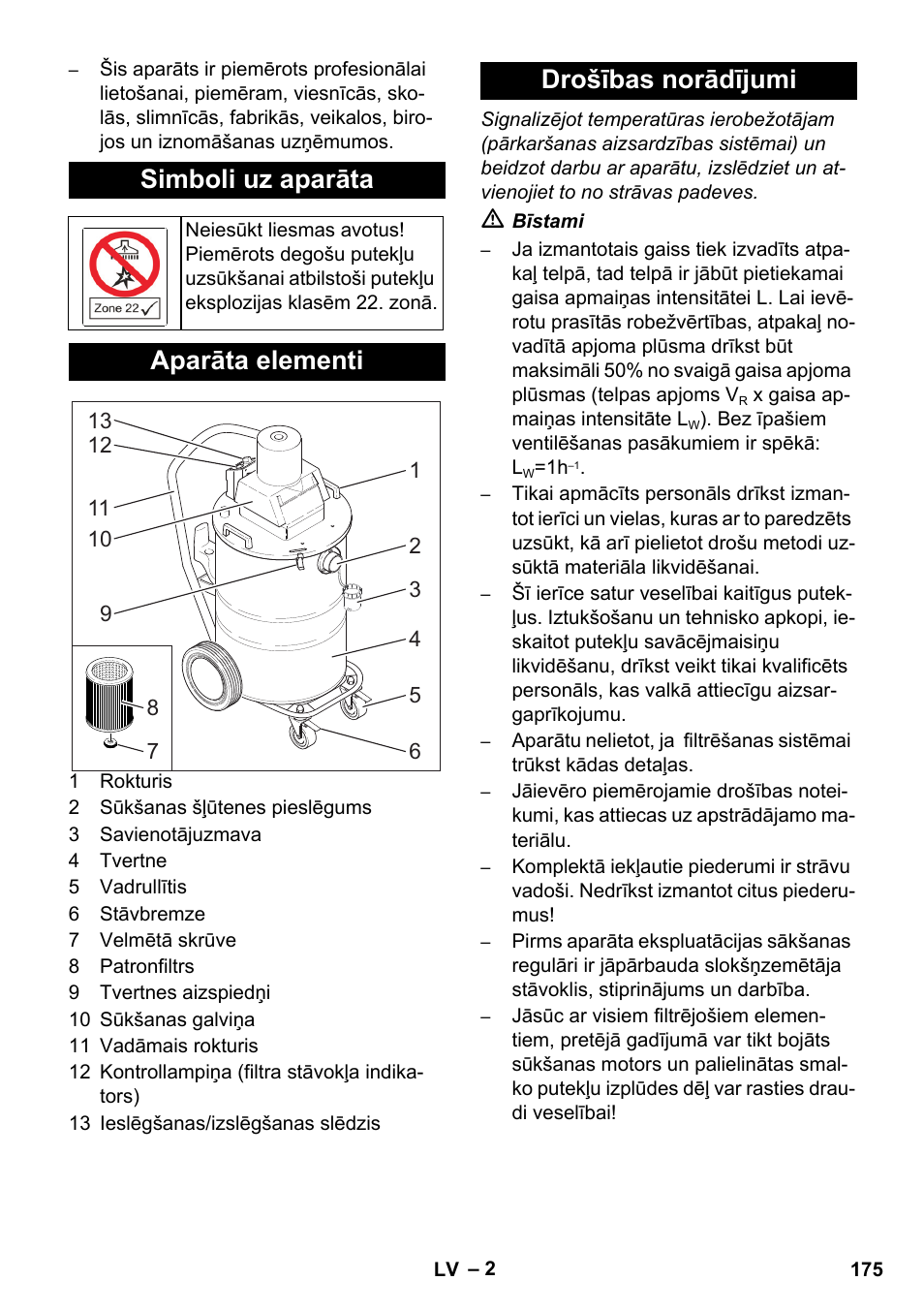 Simboli uz aparāta, Aparāta elementi, Drošības norādījumi | Karcher NT 80-1 B1 M EU User Manual | Page 175 / 200